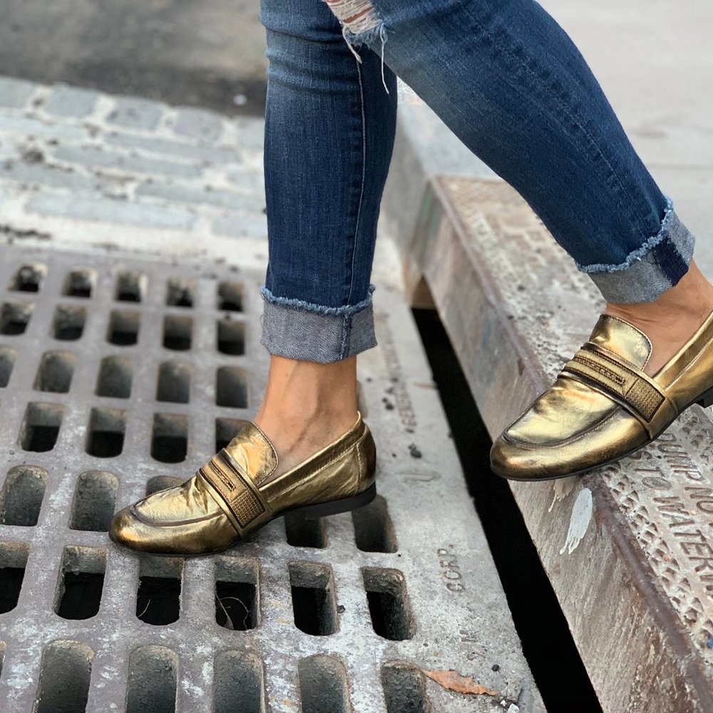 Elena Iachi Metallic Gold Moccasin Modern Slip On